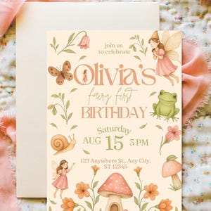 Fairy First Birthday Invitation-Editable Fairy First Birthday Invitation,Pastel Floral 1st Birthday Party Invite Fairy Garden Tea Party