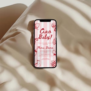 Plantilla de invitación para baby shower "Ciao Bambino", con temática italiana, en rojo, con un toque caprichoso y dibujado a mano. imagen 5