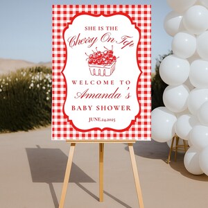 Gingham Cherry on Top Baby Shower Welcome Sign, Cherry on top Baby Shower Sign, Red Cherry Theme Girl Baby Shower Welcome Sign