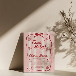 Plantilla de invitación para baby shower "Ciao Bambino", con temática italiana, en rojo, con un toque caprichoso y dibujado a mano. imagen 3