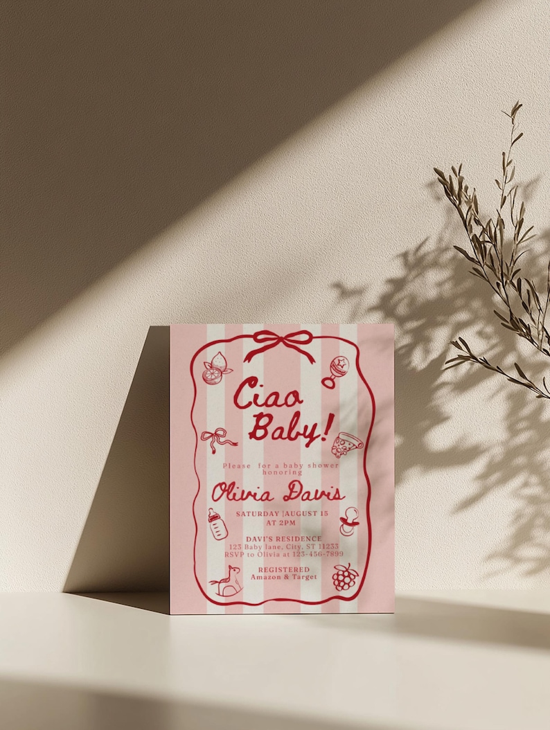 Plantilla de invitación para baby shower "Ciao Bambino", con temática italiana, en rojo, con un toque caprichoso y dibujado a mano. imagen 3