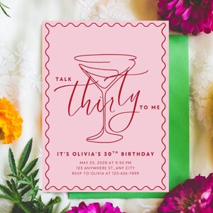 Talk 30 to Me Invitation, Dirty Thirty Hand Drawn Birthday Invitation, Red and Pink 30th Birthday, Talk Thirty To Me Editable Invite