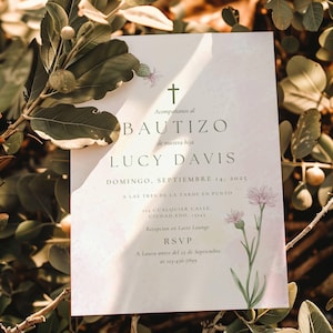 Spanish Wildflower Baptism Invitation, Invitación Floral para Bautizo de niña, invitación Minimalista bautizo de niña en español