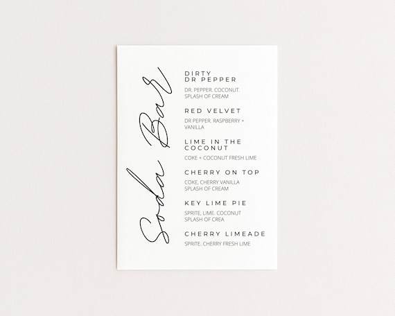 Minimalist Dirty Soda Bar Sign Printable, Soda Bar Instructions, Signature Drink Bar Menu Template Poster Non Alcoholic