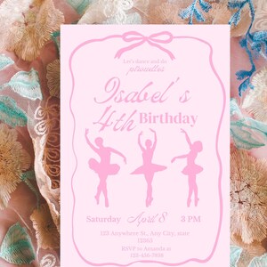 バレリーナの誕生日招待状、バレリーナの誕生日パーティー招待状、招待状、ピンクのバレリーナの誕生日招待状テンプレート（印刷可能）、