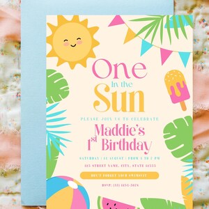 On in the sun 1st Birthday Invitation, Girl 1st Birthday Pool Party Invitation, Tropical Summer Girl Pool Party Invite