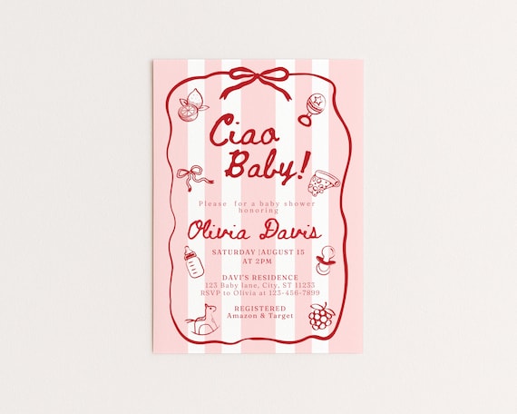 Ciao Bambino Baby Shower Invitation Template, Gender Neutral Red Whimsical Hand Drawn Baby Shower Invite, Italy Themed Baby Shower
