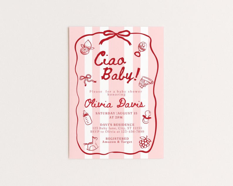Plantilla de invitación para baby shower "Ciao Bambino", con temática italiana, en rojo, con un toque caprichoso y dibujado a mano. imagen 1