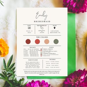 Editable Bridesmaid Information Card, Bridal Party Info Card, Minimalist Bridal Party Info, Infographic Bridal Proposal Card