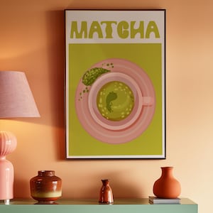 Matcha Latte Print - Plakat z napojem retro - Japońska sztuka herbaty - Modny wystrój kuchni - Prezent dla miłośników Matcha - Zielona herbata na ścianę - Wydruk herbaty