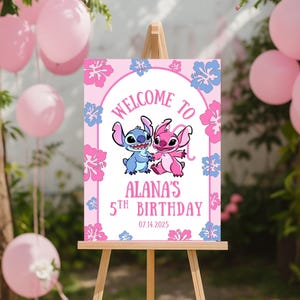 Stitch and Angel Birthday Welcome Sign - Stitch Birthday Sign - Stitch and Angel Party Welcome Sign - Editable & Printable Template