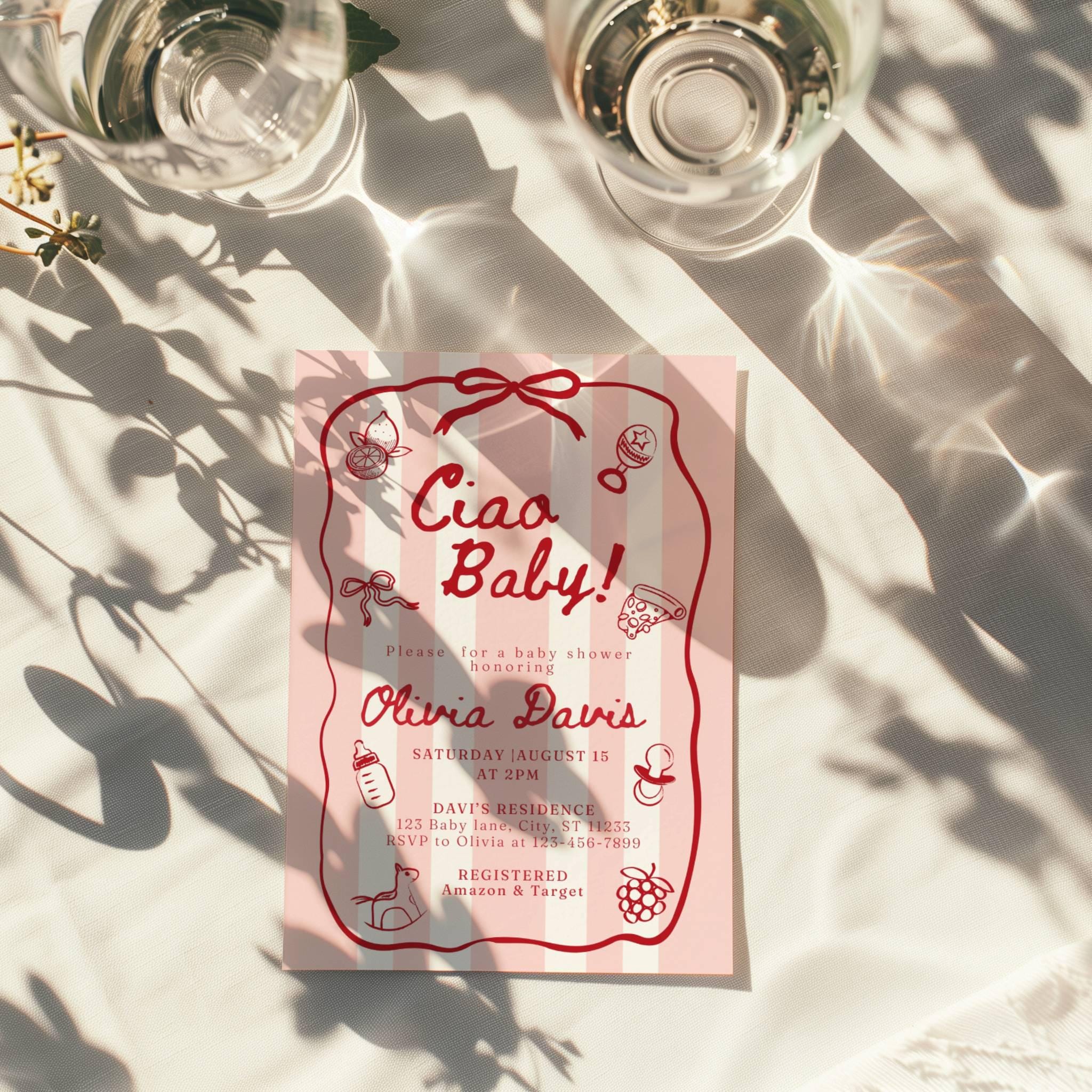 Ciao Bambino Baby Shower Invitation Template, Gender Neutral Red Whimsical Hand Drawn Baby Shower Invite, Italy Themed Baby Shower