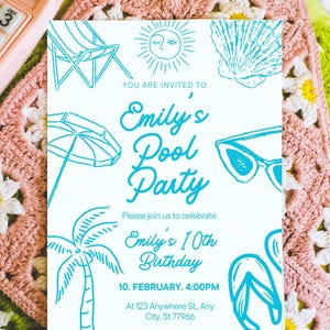 Pool Party Birthday Party Invitation Template, Hand Drawn Pool Birthday Invite, Summer Birthday Pool Party Invite Printable