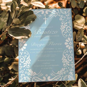 Spanish Blue Mexican White Talavera Inspired Baptism Invitation, Papel Picado Baptism Party Invitation,Dusty Blue Template for Bautizo