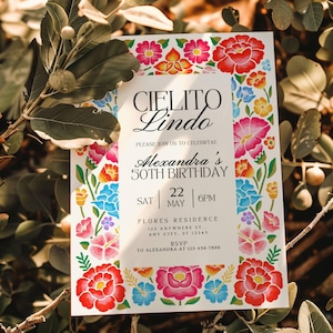 Floral Cielito Lindo Digital 50th Birthday Party Invitation, Papel Picado Mobile Invite, Mexican Talavera Theme Birthday Invitation