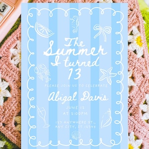 Editable The Summer I Turned Birthday Party Invitation, Summer Teen Girl Birthday Invite Template , Coastal Seashell Teen Girl Birthday