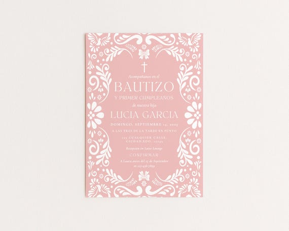 Spanish Pink Mexican White Talavera Baptism Invitation, Papel Picado Baptism Party Invitation, Pink Invite for Bautizo de niña