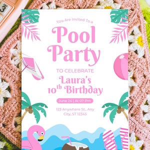Editable Girls Pool Party Birthday Invitation Template, Pool Party Birthday Invite, Teenage Girl Pool Party Birthday Invitation