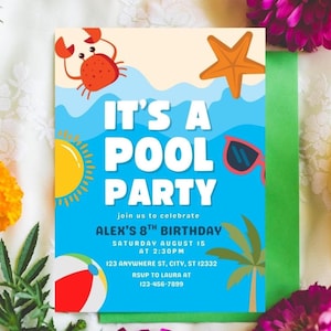 Editable Pool Party Invitation, Hand Drawn Pool Party Invite, Swim Party Invitation Template, Summer Kids Pool Birthday Party Invite