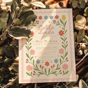 Pink Cielito Lindo Baby Shower Invitation Template, Mexican Folk Floral Baby Shower Invite, Editable Rustic Boho Baby Shower Invite