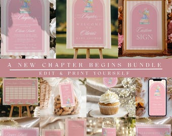 Paquete de decoración para baby shower de cuentos rosas, invitación y juegos (plantilla editable de Canva)