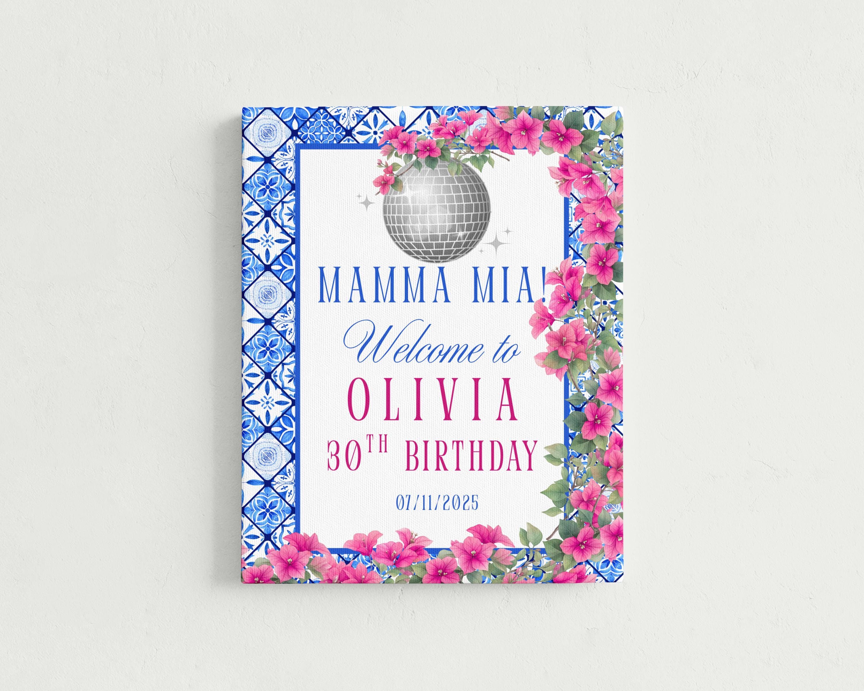 Mamma Mia Birthday Welcome Sign, Blue and White Mediterranean Tile