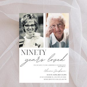 90 Years Loved Birthday Invitation Template, 90th Birthday Invitation for Her, Minimalist Photo Invite Ninety Birthday Celebration