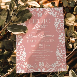 Pink Cielito Lindo Baby Shower Invitation, Mexican White Talavera Baby Shower Invite, Papel Picado Baby shower Invitation