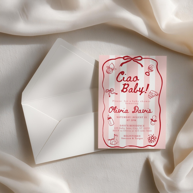 Plantilla de invitación para baby shower "Ciao Bambino", con temática italiana, en rojo, con un toque caprichoso y dibujado a mano. imagen 2
