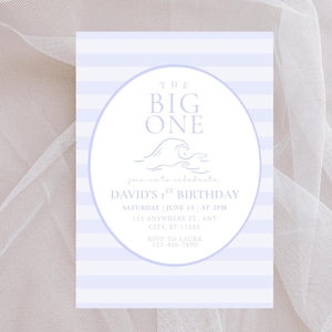 Minimalist The Big One Surf Birthday Invitation, Coastal Ocean Theme Boy First Birthday Invite, Surfing 1st Birthday Party Invitation