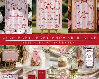 Paquete imprimible para baby shower "Ciao", paquete para baby shower con temática italiana dibujada, set para baby shower italiano en rojo y rosa