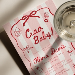 Plantilla de invitación para baby shower "Ciao Bambino", con temática italiana, en rojo, con un toque caprichoso y dibujado a mano. imagen 4