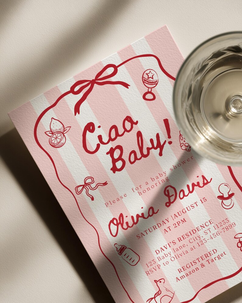 Plantilla de invitación para baby shower "Ciao Bambino", con temática italiana, en rojo, con un toque caprichoso y dibujado a mano. imagen 4