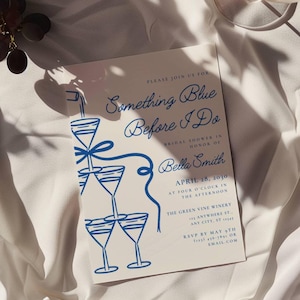 Something Blue Before I Do Bridal Shower Invitation, Blue Ribbon Bridal Shower Invite, Champagne Glass and Blue Bow Design Invitation