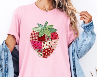 Faux Patchwork Strawberry Shirt, Strawberry Shirt, Farm Berry Shirt, Strawberry Lovers Shirt, Faux Patchwork Quilted Shirt
