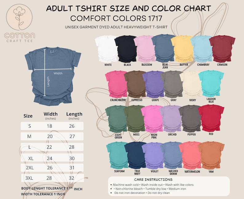 May include: A t-shirt size and colour chart for unisex garment-dyed adult heavyweight t-shirts. The chart shows colours like white, black, and blue jean, with sizes from S to 3XL. Measurements are in inches, with care instructions.