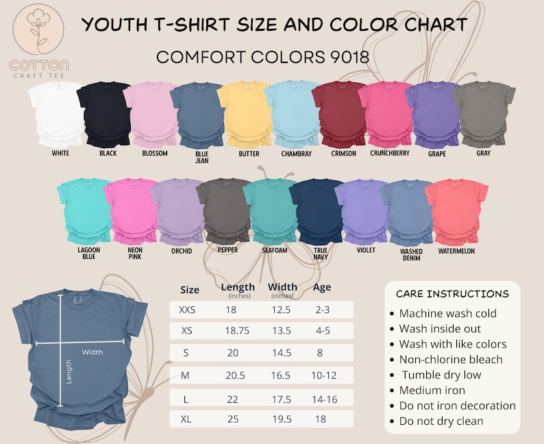 May include: A youth t-shirt size and colour chart displaying Comfort Colors 9018 t-shirts in a range of colours, such as white, black, and blue jean. The chart includes size, length, and width measurements in inches, plus care instructions.