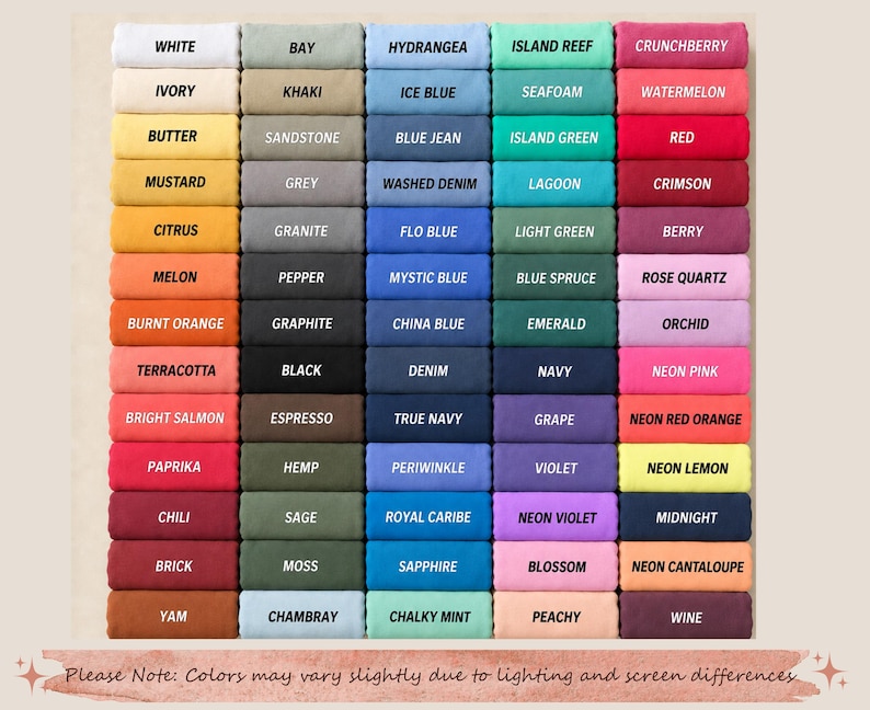May include: A color chart featuring a grid of rectangular fabric swatches in various shades. Each swatch is labeled with its corresponding color name, including white, khaki, blue jean, island reef, crunchberry, mustard, and many other distinct hues.