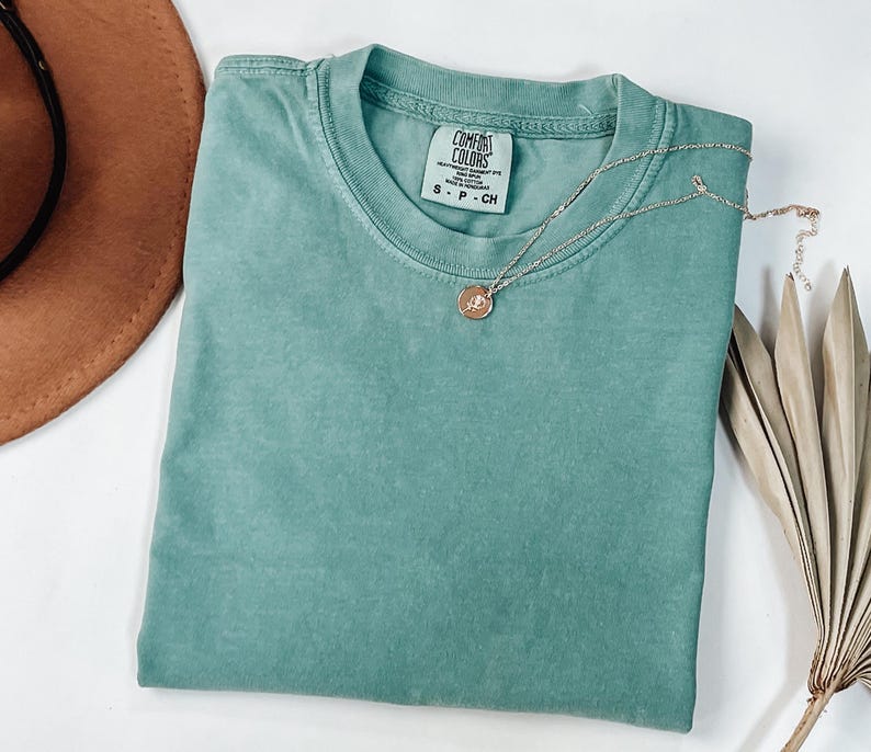 May include: A solid seafoam green short-sleeve t-shirt with a crew neckline and a Comfort Colors brand label inside the collar. A delicate silver-toned chain necklace with a small circular pendant featuring a rose design rests on the fabric.