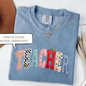 Comfort Colors Teacher Shirt, Faux Embroidered Patchwork Tee