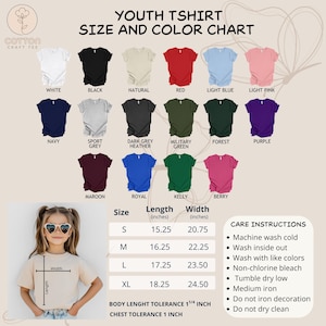 May include: A youth t-shirt size and color chart displays various t-shirt colors, including white, black, and navy. The chart also shows size measurements in inches, ranging from small to extra-large, and care instructions.