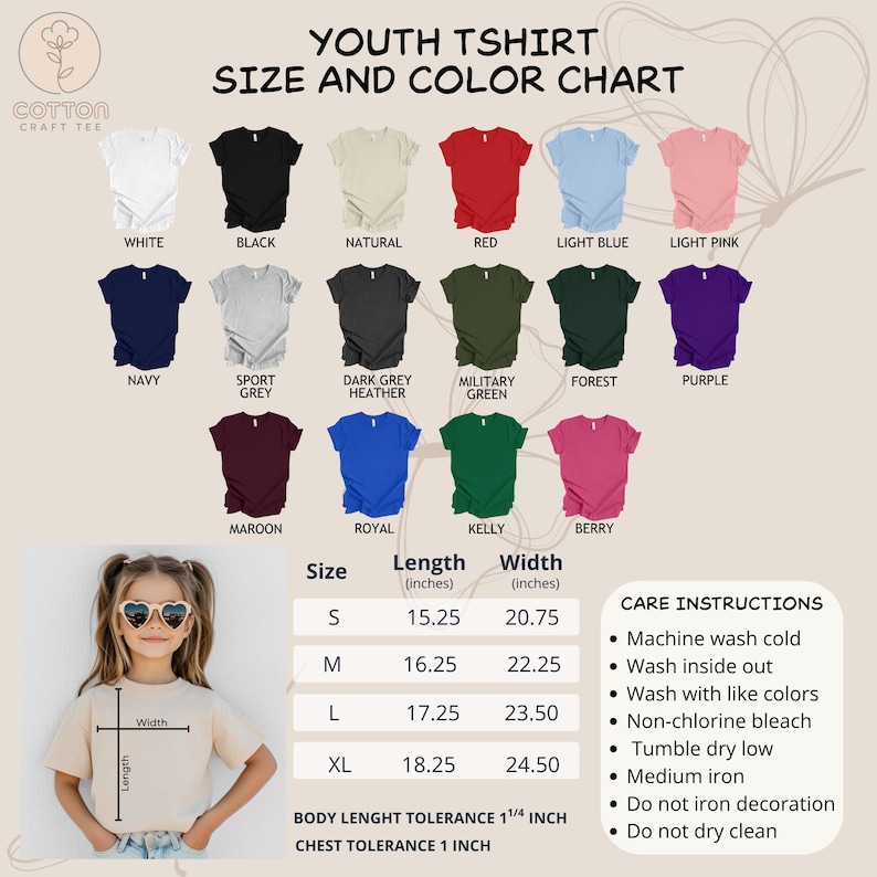 May include: A youth t-shirt size and color chart displays various t-shirt colors, including white, black, and navy. The chart also shows size measurements in inches, ranging from small to extra-large, and care instructions.