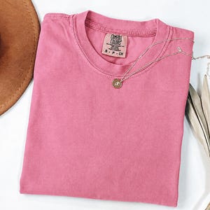 May include: A solid pink short-sleeve t-shirt with a crew neckline and a Comfort Colors brand label inside the collar. A delicate silver-toned chain necklace with a small circular pendant featuring a floral design rests on the fabric.