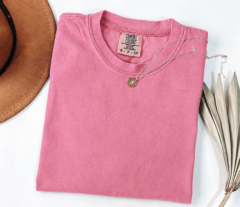 May include: A solid pink short-sleeve t-shirt with a crew neckline and a Comfort Colors brand label inside the collar. A delicate silver-toned chain necklace with a small circular pendant featuring a floral design rests on the fabric.