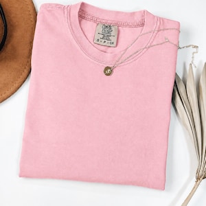 May include: A solid light pink crew neck t-shirt with a Comfort Colors brand label at the inner neckline. The shirt is made of 100% cotton and is size S. A delicate gold-toned necklace with a small circular pendant rests on the fabric.