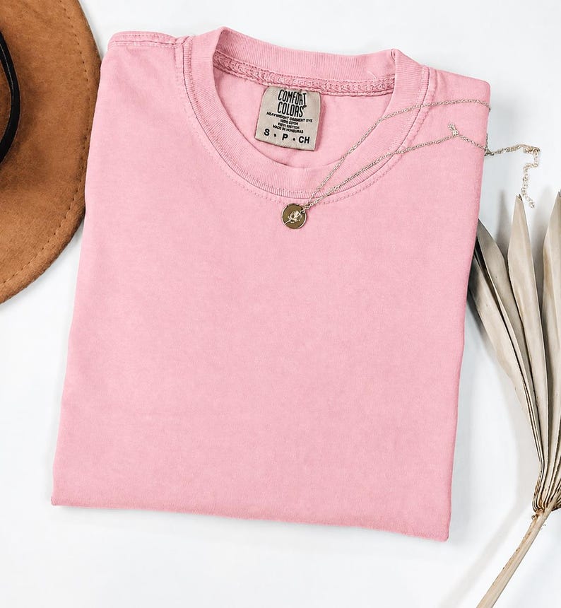 May include: A solid light pink crew neck t-shirt with a Comfort Colors brand label at the inner neckline. The shirt is made of 100% cotton and is size S. A delicate gold-toned necklace with a small circular pendant rests on the fabric.