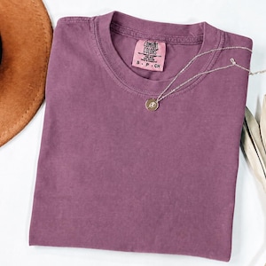 May include: A solid mauve short-sleeve t-shirt with a crew neckline and a Comfort Colors brand label inside the collar. A delicate silver-toned chain necklace with a small circular pendant featuring a floral engraving rests on the fabric.