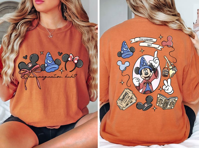 May include: Orange t-shirt featuring Mickey Mouse ears, a wizard hat, and Minnie Mouse ears with a bow. The text "Some imagination, huh?" is written below. The back of the shirt has a Mickey Mouse graphic.