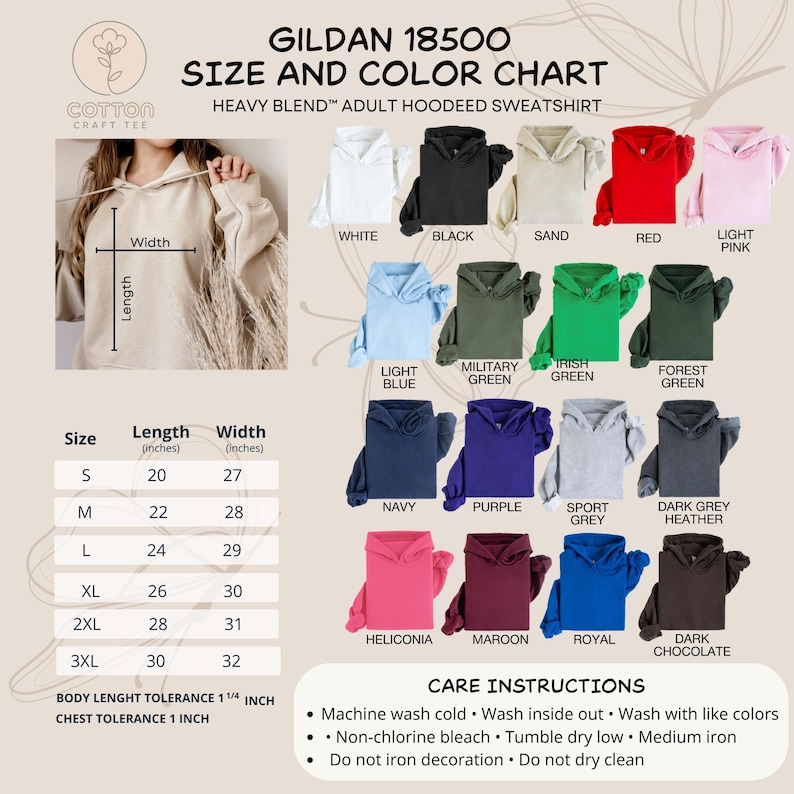 May include: A size and color chart for Gildan 18500 Heavy Blend adult hooded sweatshirts. The chart displays various colors, including white, black, and red. It also shows size measurements in inches, ranging from S to 3XL, and care instructions.
