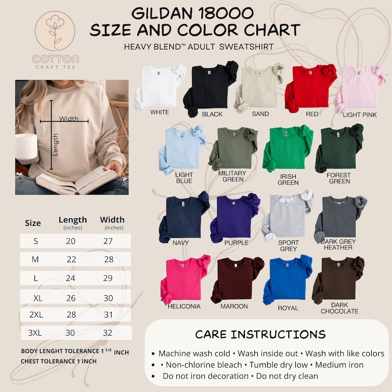 May include: A size and color chart for Gildan 18000 Heavy Blend adult sweatshirts. The chart displays various colors, including white, black, and red, with size measurements in inches. Care instructions are also listed.